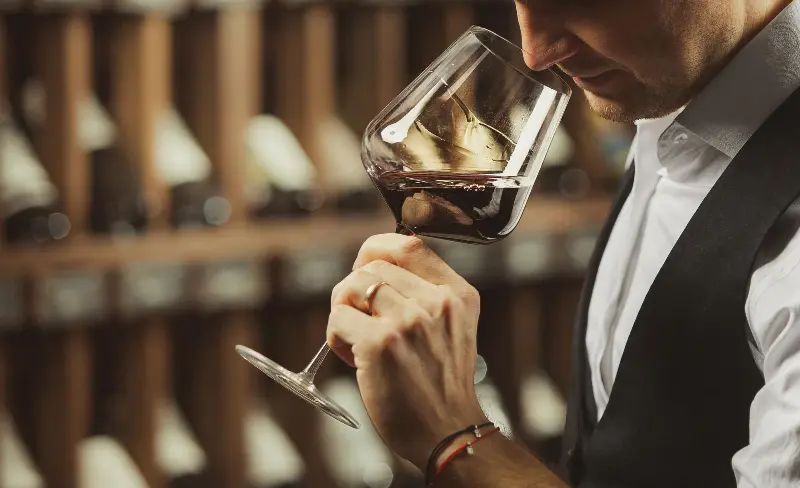 homme sentant un verre de vin rouge