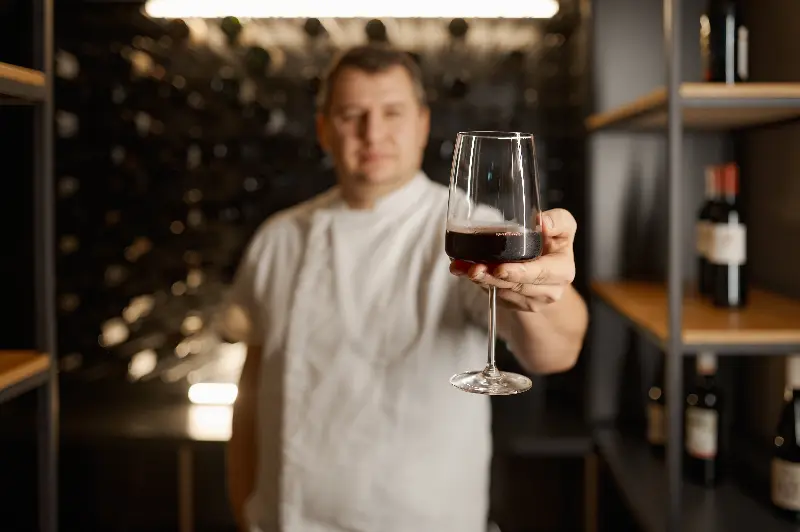 homme montrant un verre de vin rouge
